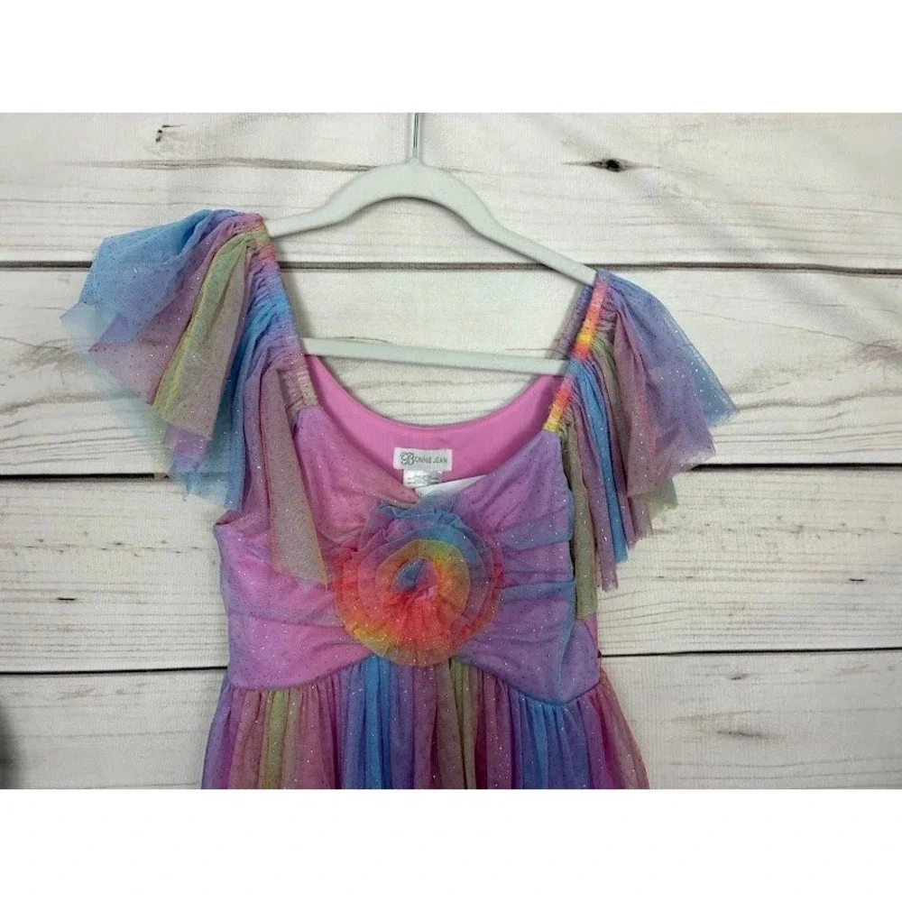 Bonnie Jean Girls Rainbow Glitter Tulle Party Dress Size 14 Ombre Flutter Sleeve